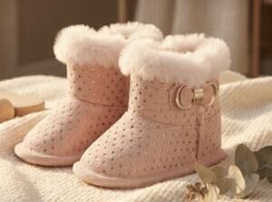 First Steps Baby Bootie Slippers Girls 3-6M Pink Fluffy Faux Fur Bow‎ Cozy Shoes